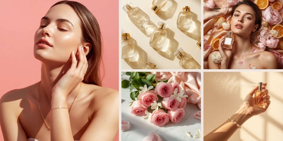 العطور — زجاجات عطور وورد